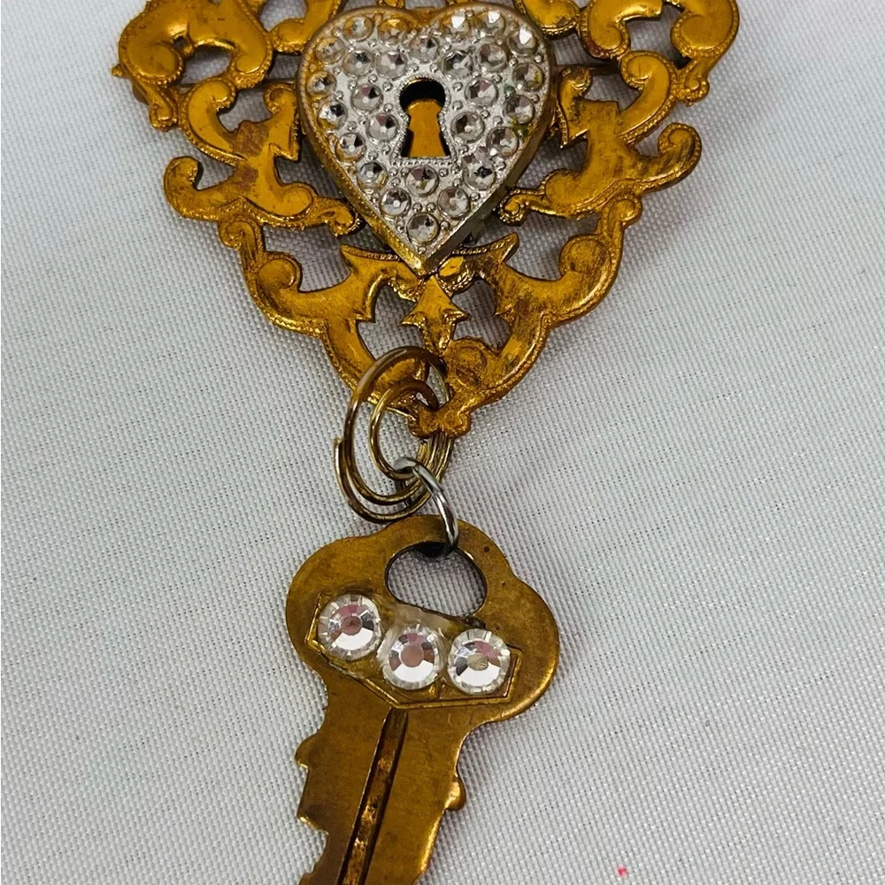 Gold and Silver‎ Heart Lock & Key Brooch with Rhinestones
